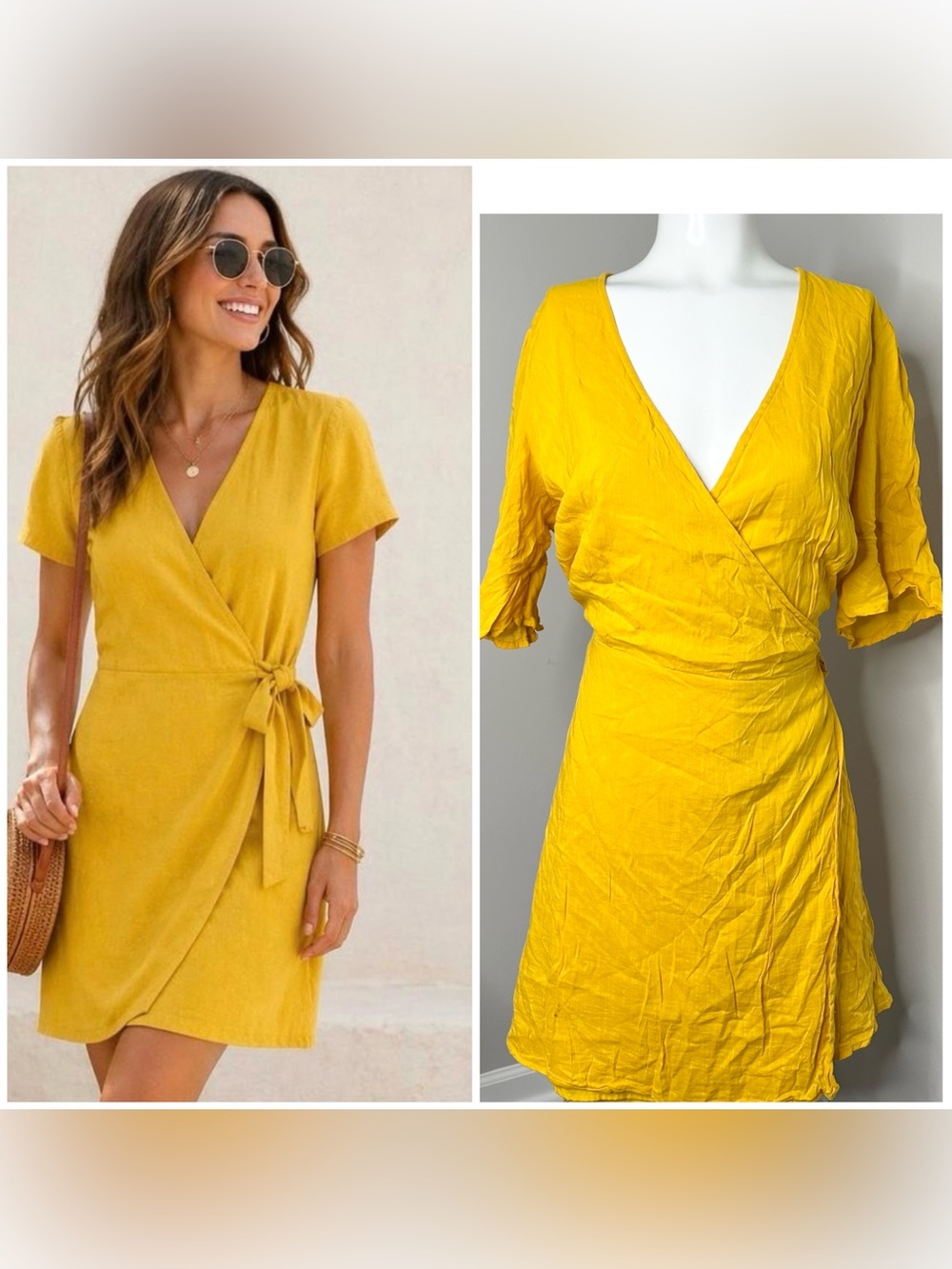 Old Navy Bright Yellow Short Sleeve Wrap Mini Dress- large
